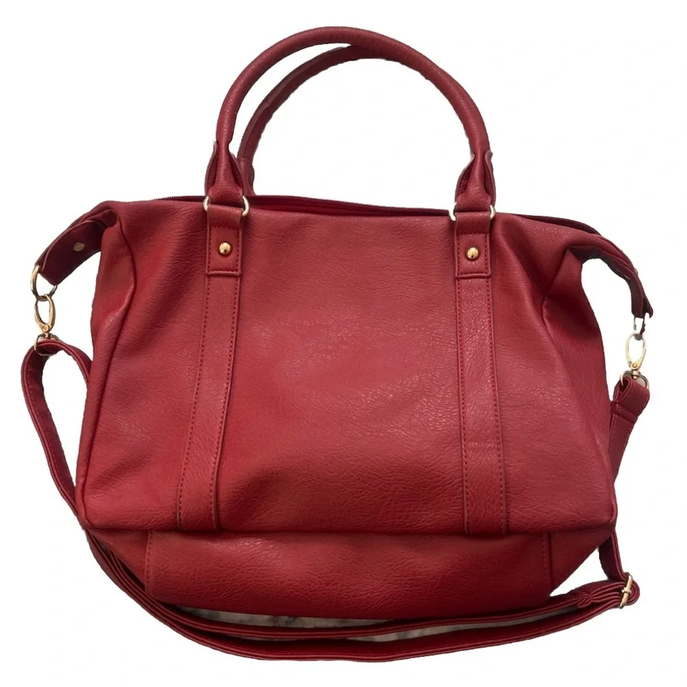 Rampage Large Convertible Crossbody Tote Handbag Red Faux Leather Gold Zip Front